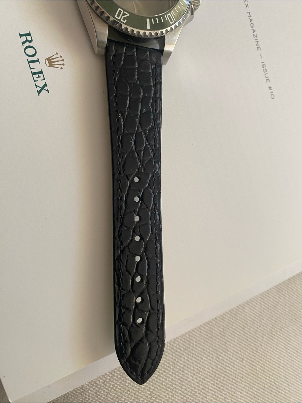Rolex black leather watch head with 22mm black crocodile leather strap ONLY